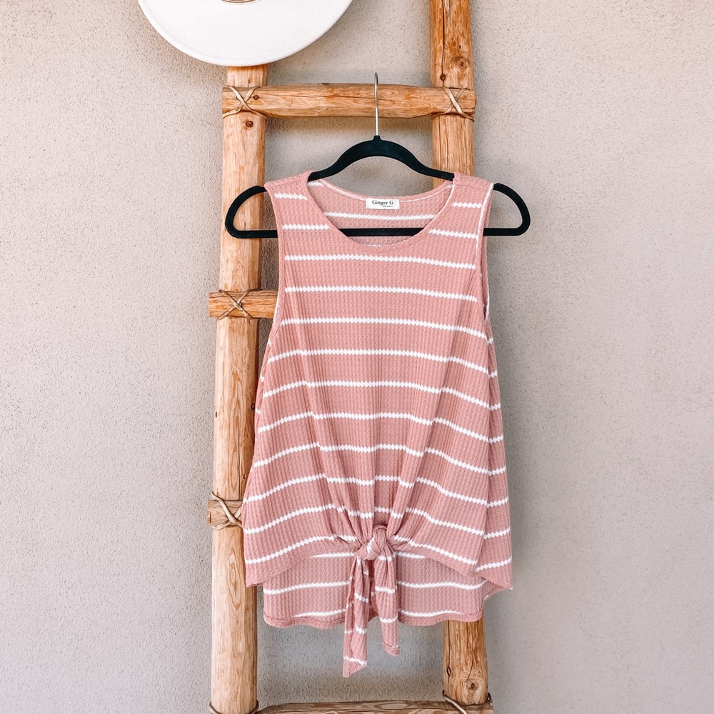 Ginger G Large blush / mauve and white striped tie front tank top waffle knit